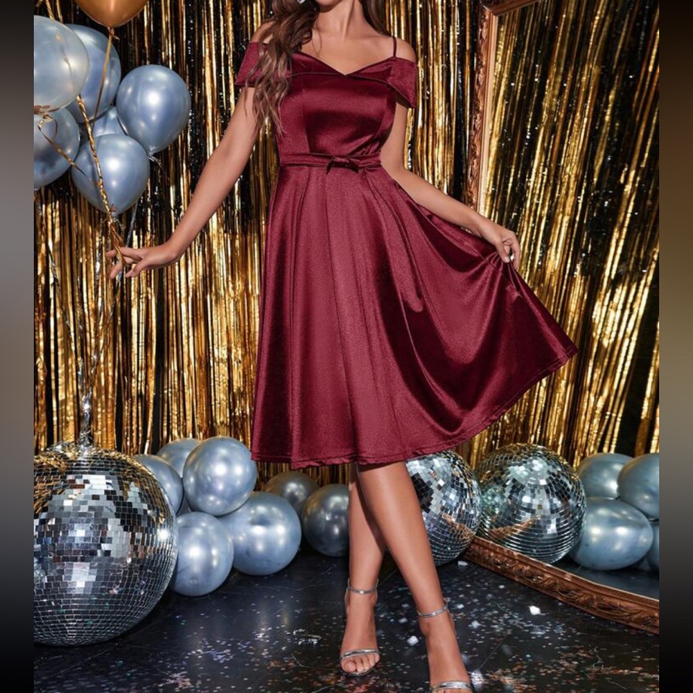 Luxe cold shoulder party formal satin dress - Picture 1 of 5